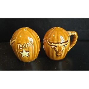 VTG Texas LoneStar Longhorns Salt Pepper Shaker Set Brown Ceramic Oil Well Japan
